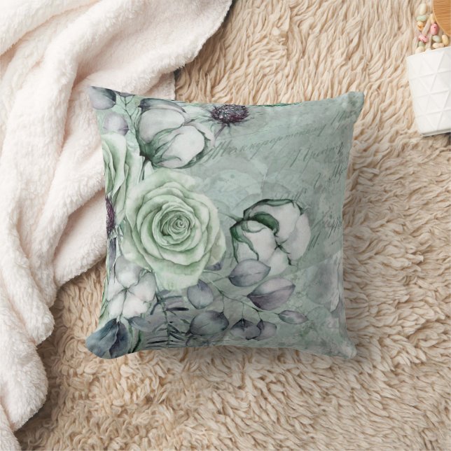 Cojín Decorativo Rosas grises y verdes (Manta)