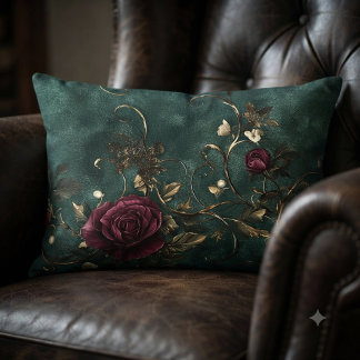 Cojín Decorativo Rosas hermosas con remolinos dorados.