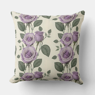 Cojín Decorativo Rosas Lavanda Con Hojas De Plata Y Verde