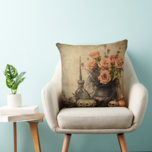 Cojín Decorativo Rosas Macabras Vintage Calaveras Sepia
