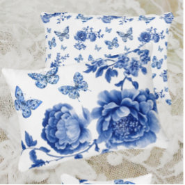 Cojín Decorativo Rosas Mariposa Azules y Blancas Chinoiserie Vintag