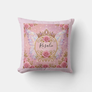 Cojín Decorativo Rosas Mariposa Princesa Hada Floral Rosa y Dorado