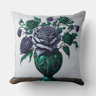 Cojín Decorativo Rosas morados en una base verde esmeralda
