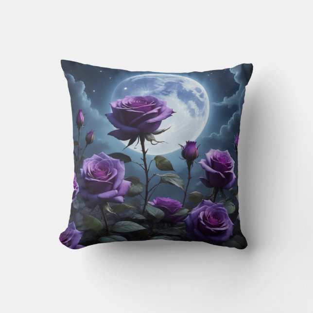 Cojín Decorativo Rosas morados y la luna (Anverso)