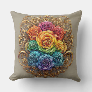 Cojín Decorativo Rosas multicolores con florituras doradas ornament