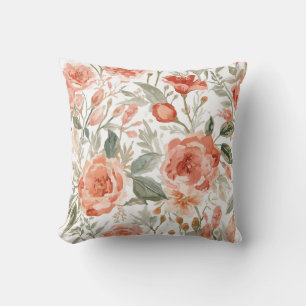 Cojín Decorativo Rosas Naranjas Botánico Acuarela Coral Floral