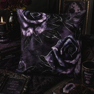 Cojín Decorativo Rosas Negras Purpura Gótico Romántico Oscuro