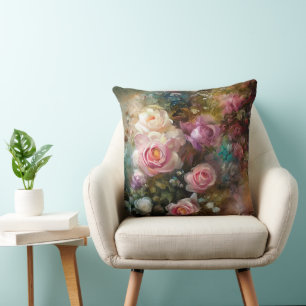 Cojín Decorativo Rosas pintadas suaves blancas y rosadas vintage