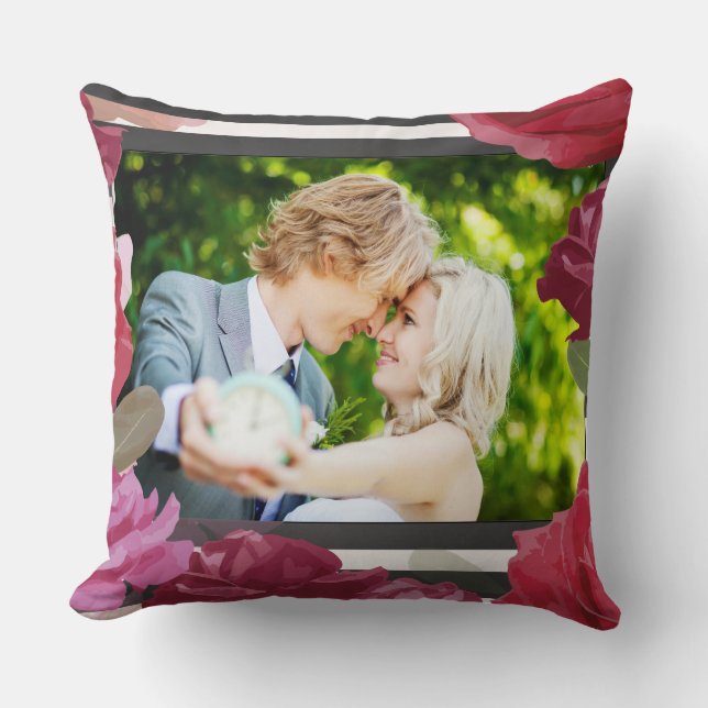 Cojín Decorativo Rosas, rayas, foto personalizada para aniversario  (Anverso)