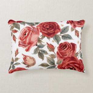 Cojín Decorativo Rosas Rojas Acuarela Floral Botánico Pintado