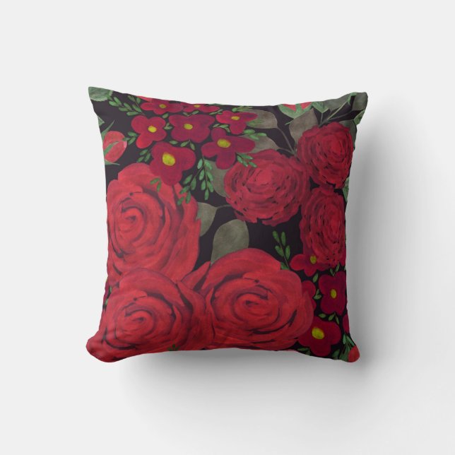 Cojín Decorativo rosas rojas acuarelas sobre negro, (Anverso)