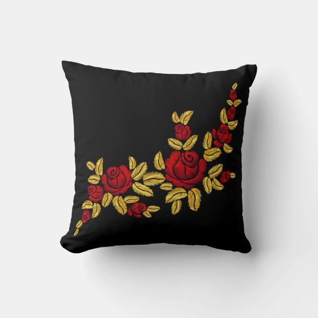 Cojín Decorativo Rosas rojas bordadas hojas doradas negras (Anverso)