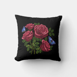 Cojín Decorativo Rosas rojas bordadas Rosas verdes hojas mariposa a