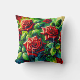 Cojín Decorativo "Rosas rojas con gotas de lluvia"