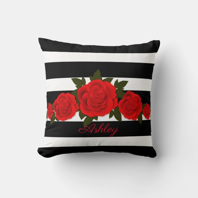 Cojín Decorativo Rosas rojas de franjas negras (Anverso)