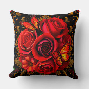 Cojín Decorativo Rosas Rojas Elegantes con Mariposas