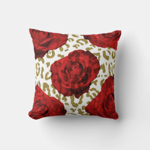 Cojín Decorativo Rosas Rojas Gato Dorado Leopardo Estampado Animal