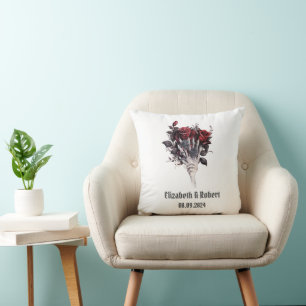Cojín Decorativo Rosas Rojas Góticas Bodas de Esqueleto 