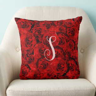 Cojín Decorativo Rosas Rojas Monograma Personalizado con Estilo