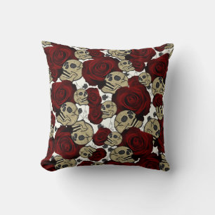 Cojín Decorativo Rosas Rojas y Calaveras Floral Negro Gótico Blanco