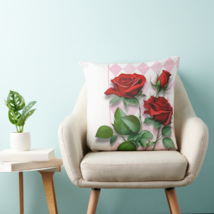 Cojín Decorativo Rosas rojas y patrón de diamante rosa y blanco