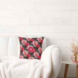 Cojín Decorativo Rosas Rosa Rojo Patrón Floral Monograma Personaliz
