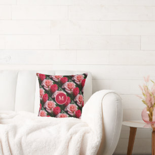 Cojín Decorativo Rosas Rosa Rojo Patrón Floral Monograma Personaliz