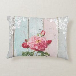 Cojín Decorativo Rosas rosa románticas fondo rústico Lazo blanco