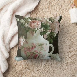 Cojín Decorativo Rosas rosadas bonitas en tetera de porcelana antig