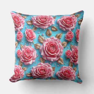 Cojín Decorativo 🌸 Rosas Rosadas de Lujo en 3D en Flor 🌸 Floral R