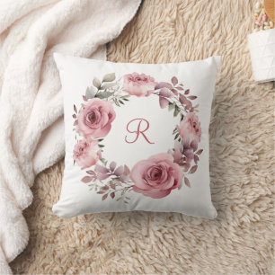 Cojín Decorativo Rosas rosadas iniciales monograma Vegetación Acuar