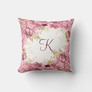 Cojín Decorativo Rosas rosadas monograma oro floral elegante