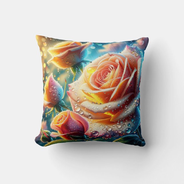Cojín Decorativo "Rosas rosadas, Naranjas y amarillas bebidas" (Anverso)