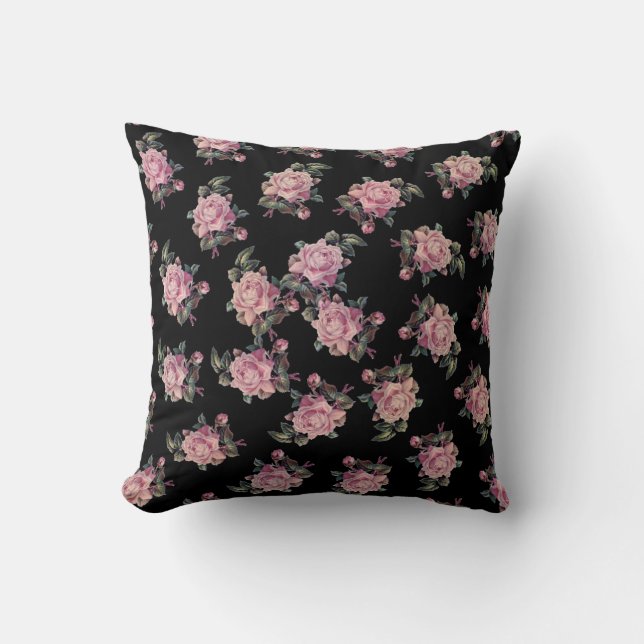 Cojín Decorativo Rosas rosadas Patrón floral oscuro Shabby Chic (Anverso)