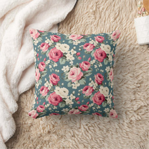 Cojín Decorativo Rosas rosadas vintage sobre azul profundo