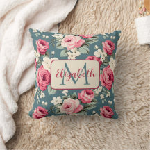 Rosas rosadas vintage sobre monograma azul profund