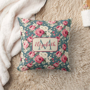 Cojín Decorativo Rosas rosadas vintage sobre monograma azul profund