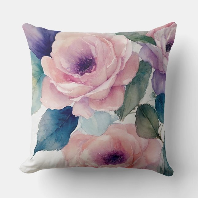 Cojín Decorativo Rosas rosados y púrpura pastel (Anverso)