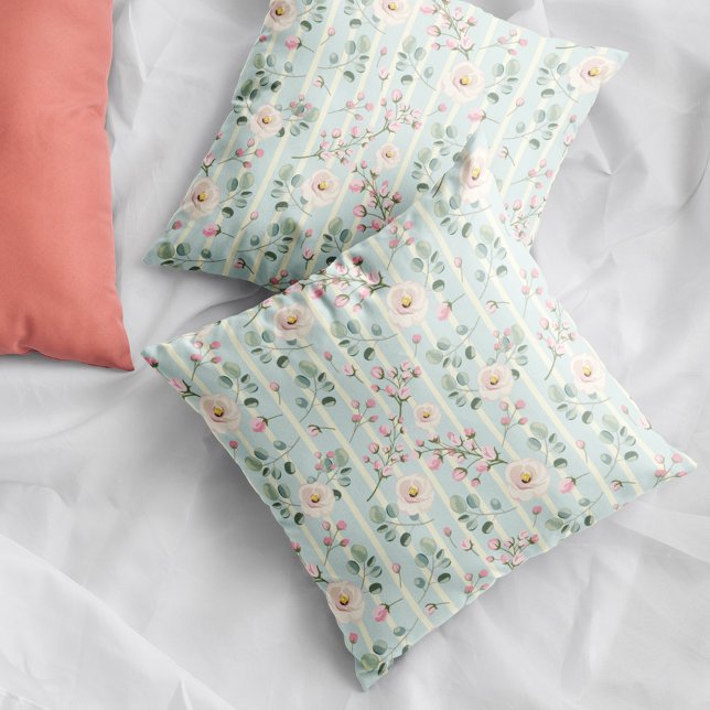 Cojín Decorativo Rosas rosas azules rayas blancas (Subido por el creador)