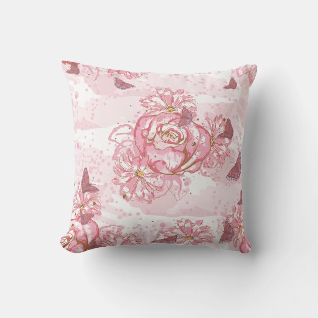 Cojín Decorativo Rosas rosas Pintadas Daisies Mariposas (Anverso)