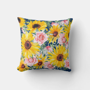 Cojín Decorativo Rosas rosas rosas girasoles marina azul
