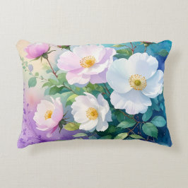 Cojín Decorativo Rosas silvestres acuarelas blancas rosadas azules 