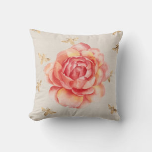 Cojín Decorativo Rosas sobre blanco con fondo de abejas doradas
