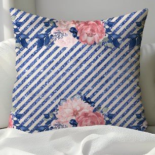 Cojín Decorativo Rosas sonrojadas y rayas de brillo azul marino Flo