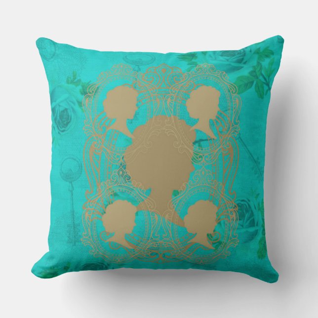 Cojín Decorativo Rosas turquesa Gold CameoLadies y PlazaPillow (Anverso)