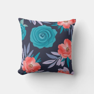 Cojín Decorativo Rosas turquesas y flores de coral con hojas pastel