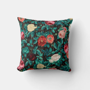 Cojín Decorativo Rosas Victorianas Antiguas en Negro y Gris Rayado