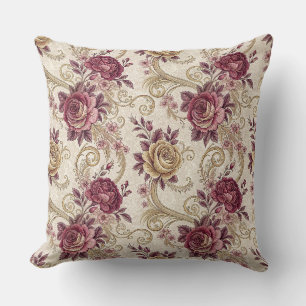 Cojín Decorativo Rosas Victorianas Reales - Patrón Floral Borgoña