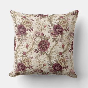 Cojín Decorativo Rosas Victorianas Vintage - Diseño Floral Borgoña
