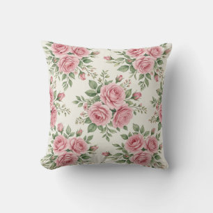 Cojín Decorativo Rosas Vintage en Acuarela Rosa Floral Sin Costuras